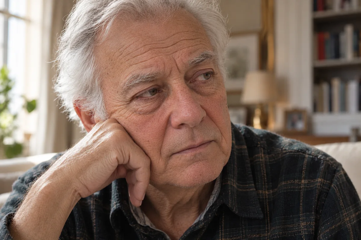 Image d'illustration : homme âgé aux cheveux blancs, la joue appuyée sur la main, le regard gêné.