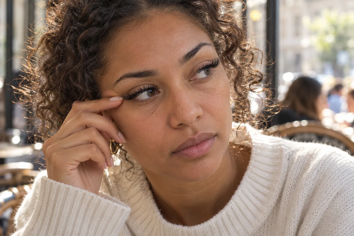 Image d'illustration : jeune femme portant des extensions de cils, la main près du coin de l'œil.