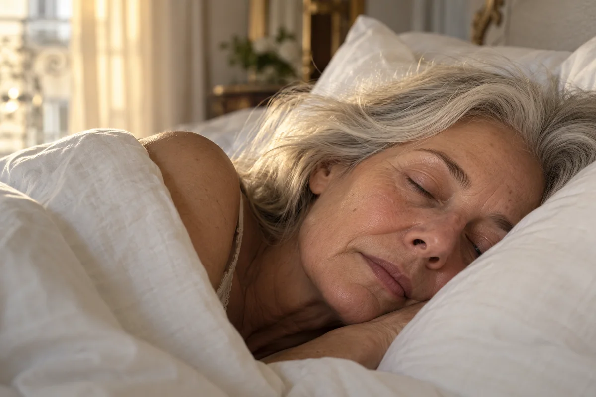 Image d'illustration : femme endormie sur un oreiller en lin blanc, dans la lumière du matin.