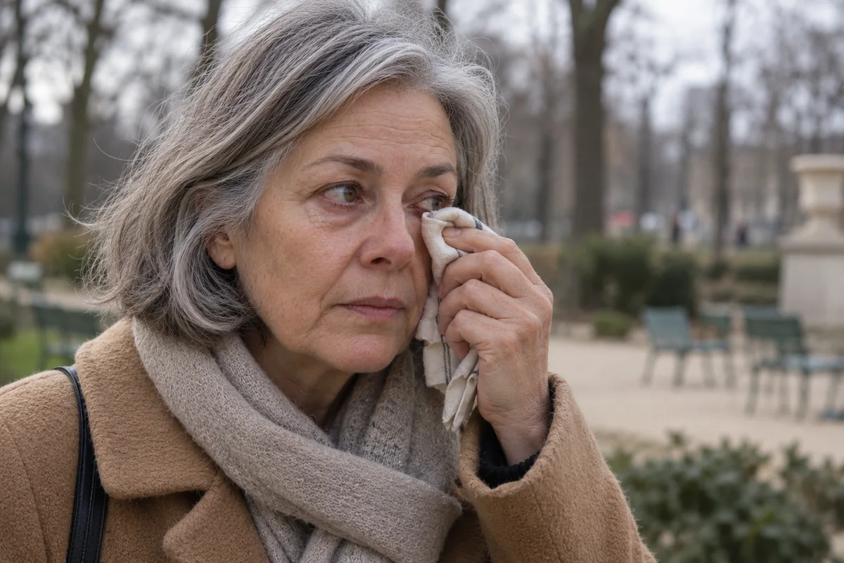 Image d'illustration : femme aux cheveux gris dans un jardin en hiver, essuyant le coin interne de son œil avec un mouchoir.