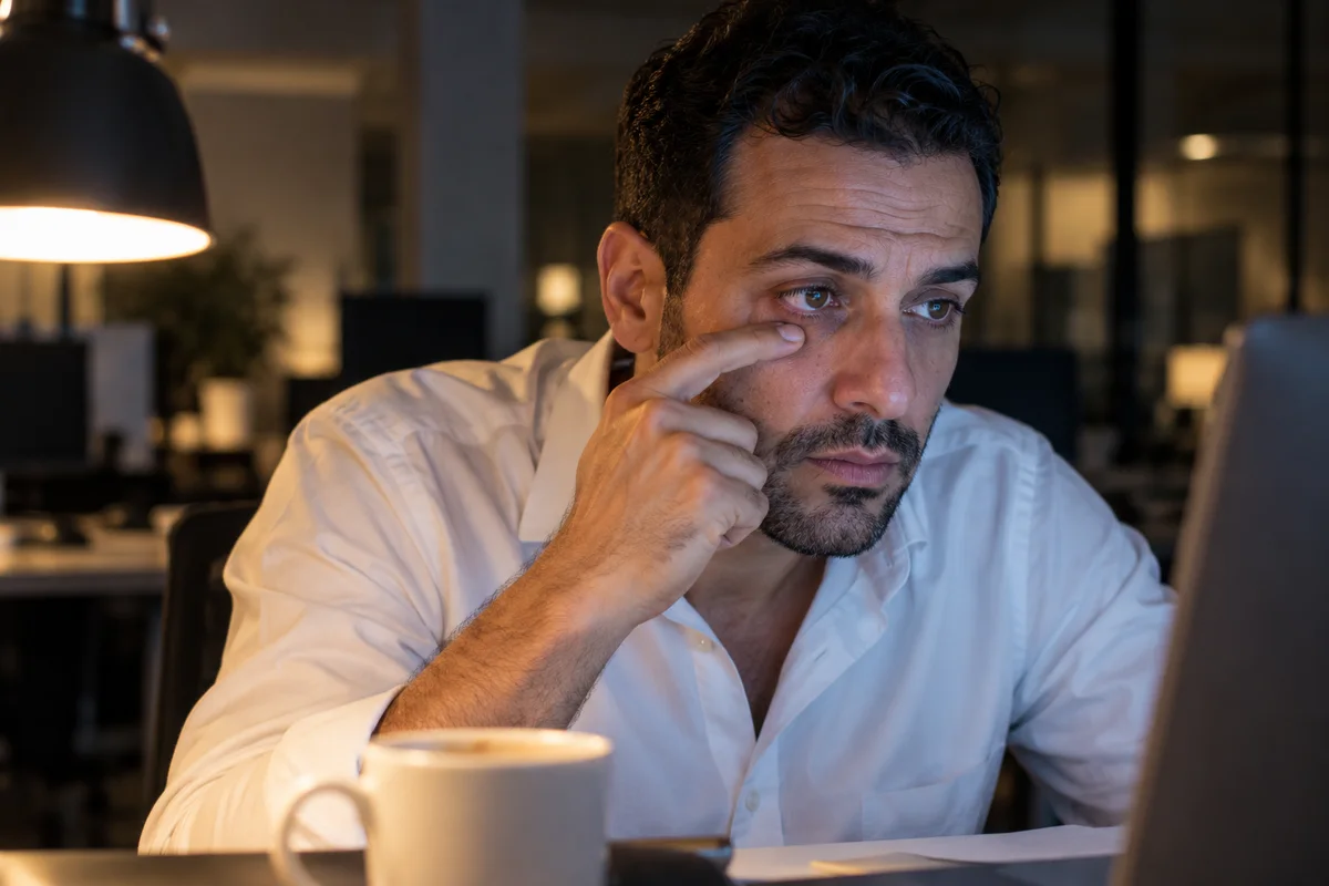 Image d'illustration : homme fatigué devant son écran le soir, le doigt posé sous l'œil.