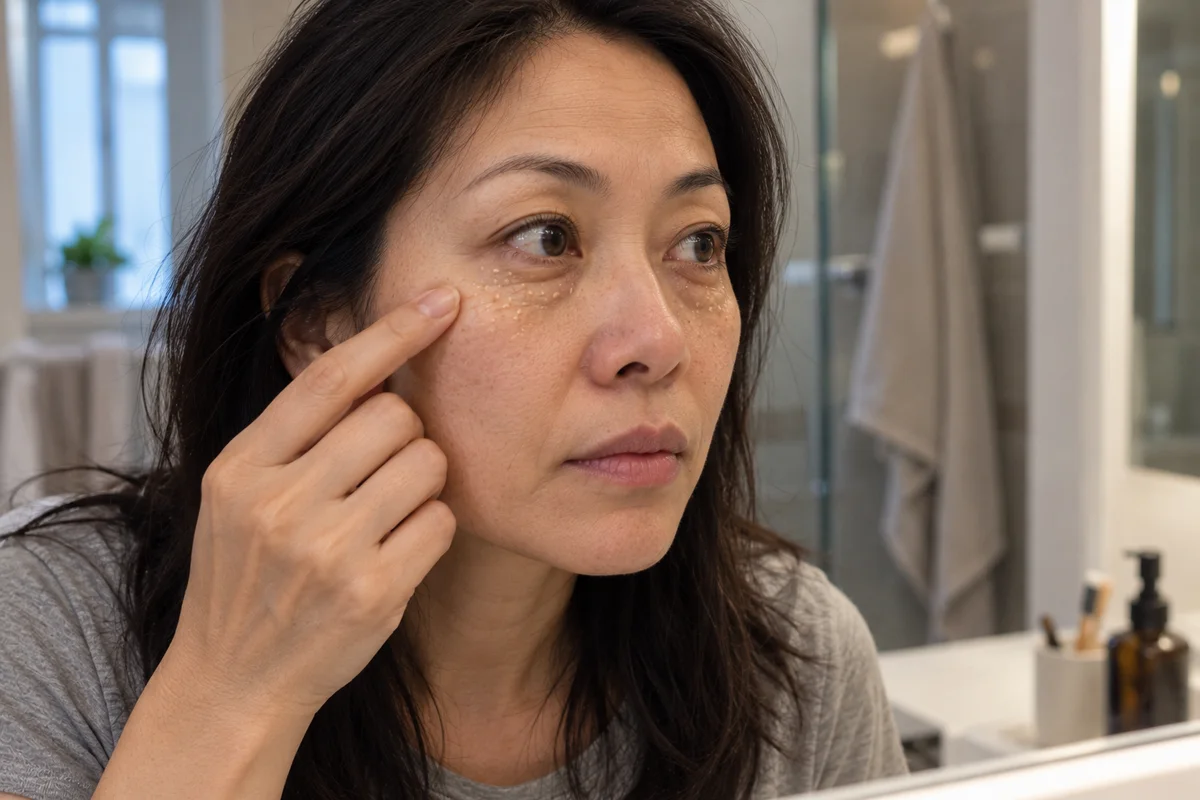 Image d'illustration : femme examinant dans le miroir de petites papules couleur peau sous ses yeux.
