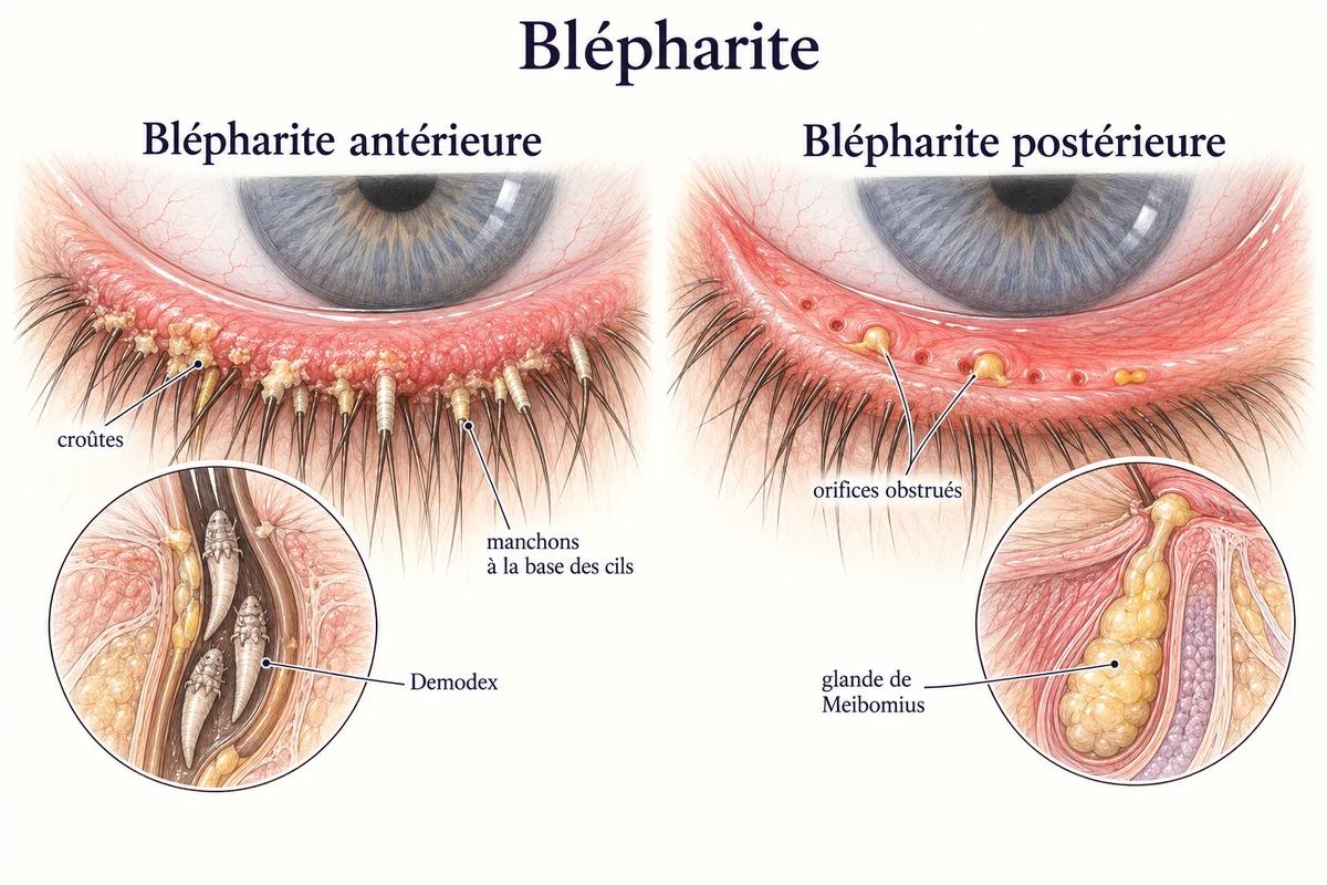Coupe du bord libre de la paupière : blépharite antérieure avec croûtes et Demodex à la base des cils, blépharite postérieure avec glandes de Meibomius obstruées.