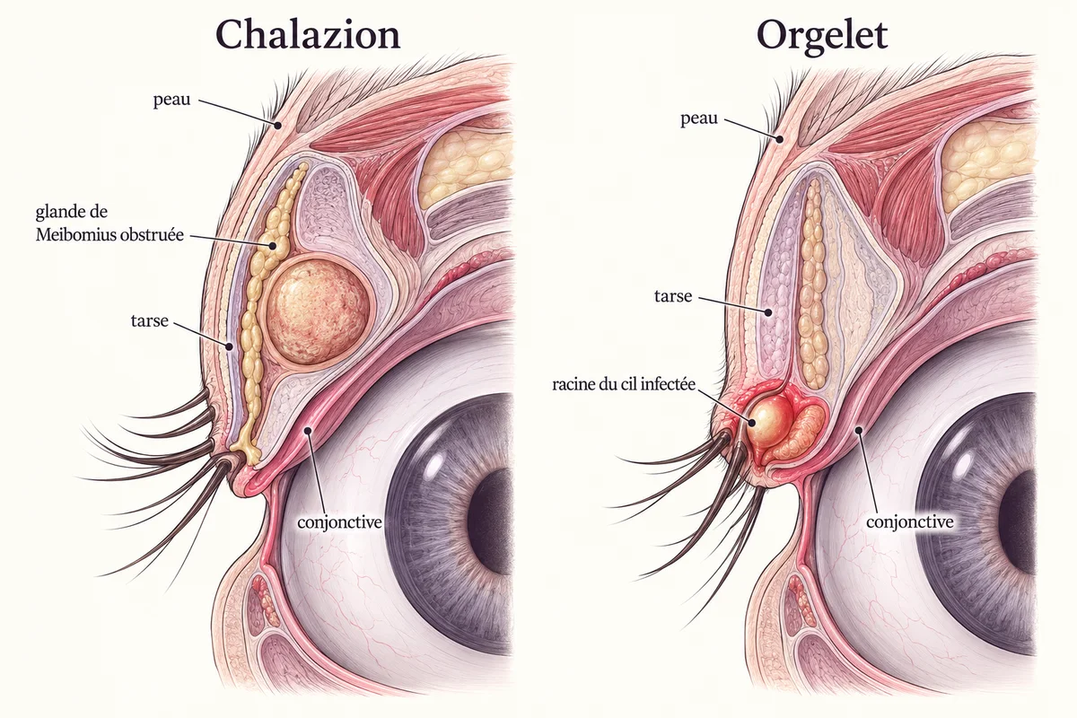 Coupe d'une paupière supérieure : à gauche un chalazion, nodule né d'une glande de Meibomius obstruée dans le tarse ; à droite un orgelet, abcès à la racine d'un cil.