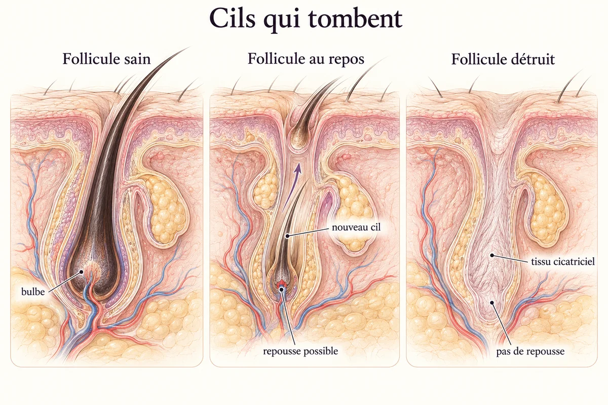 Coupe du bord de la paupière montrant trois follicules de cils : sain, intact au repos avec repousse possible, et détruit par une cicatrice sans repousse.