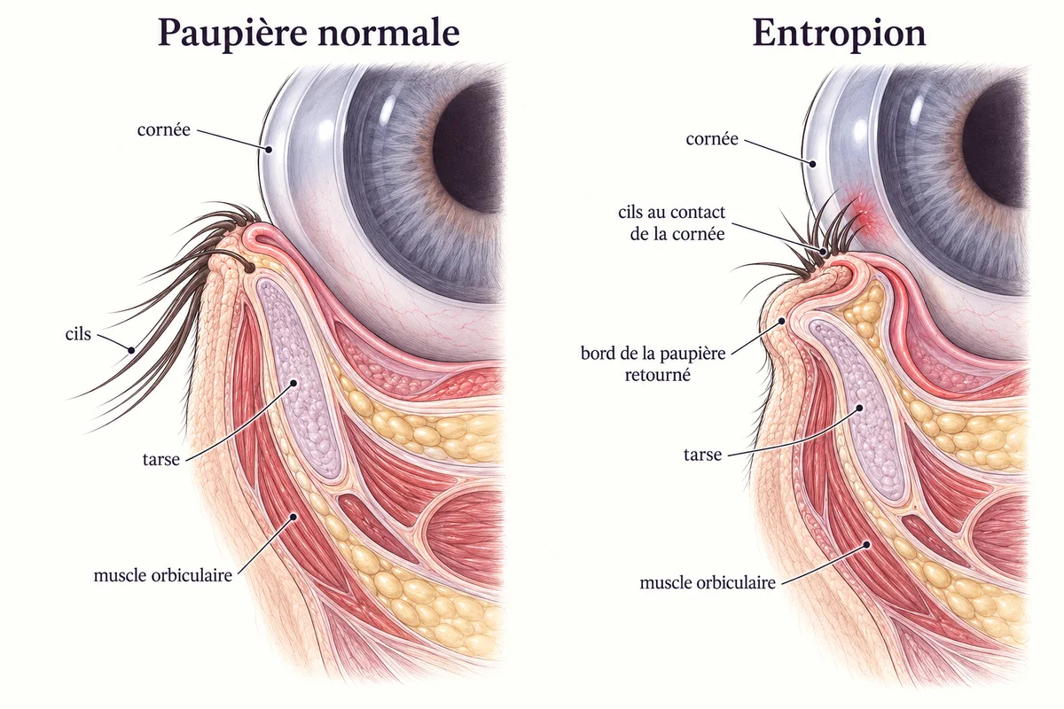 Coupe comparée de la paupière inférieure : position normale, puis entropion avec le bord de la paupière retourné et les cils au contact de la cornée.