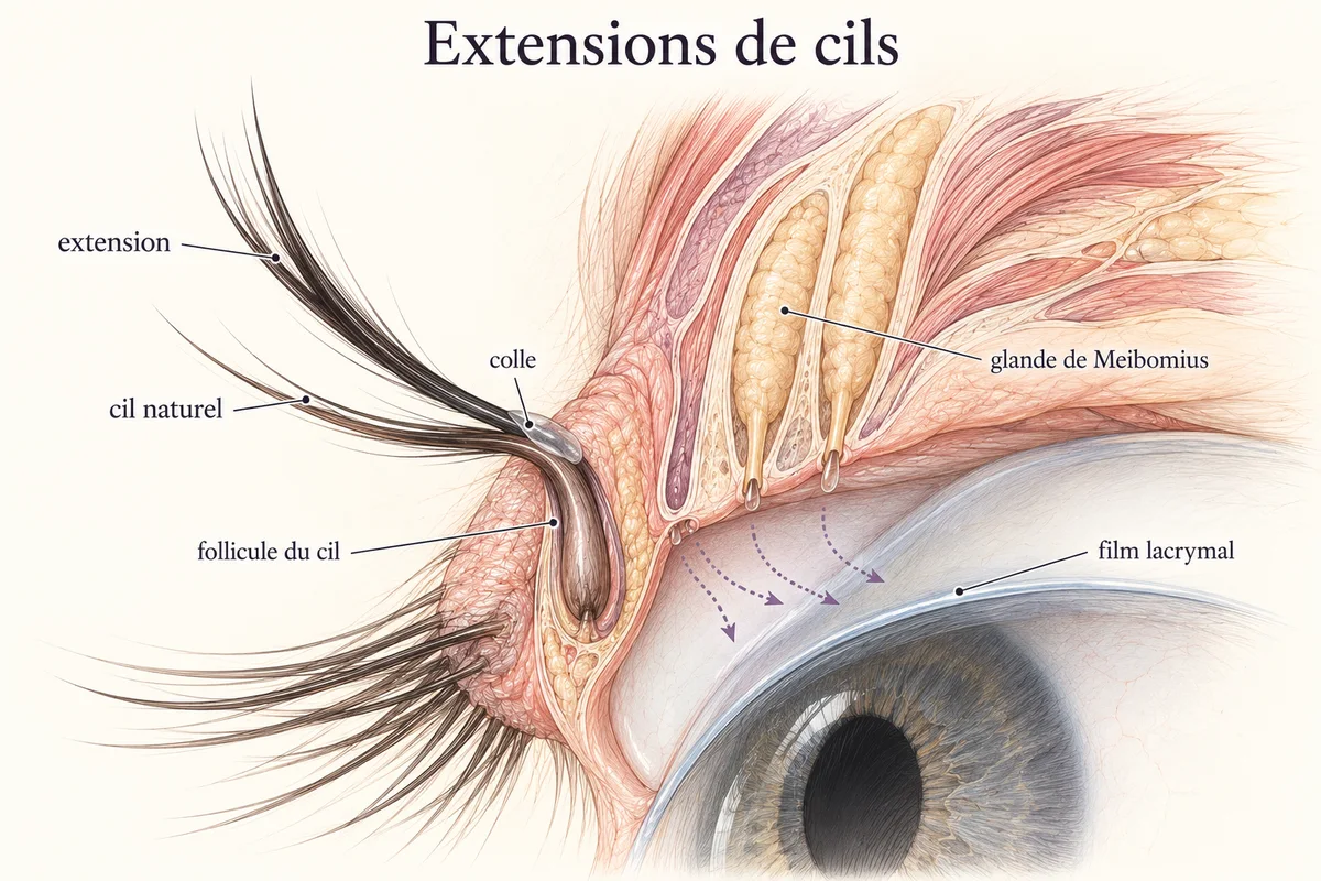 Coupe du bord libre de la paupière : extension de cil collée sur un cil naturel, au contact des orifices des glandes de Meibomius et de la surface de l'œil.