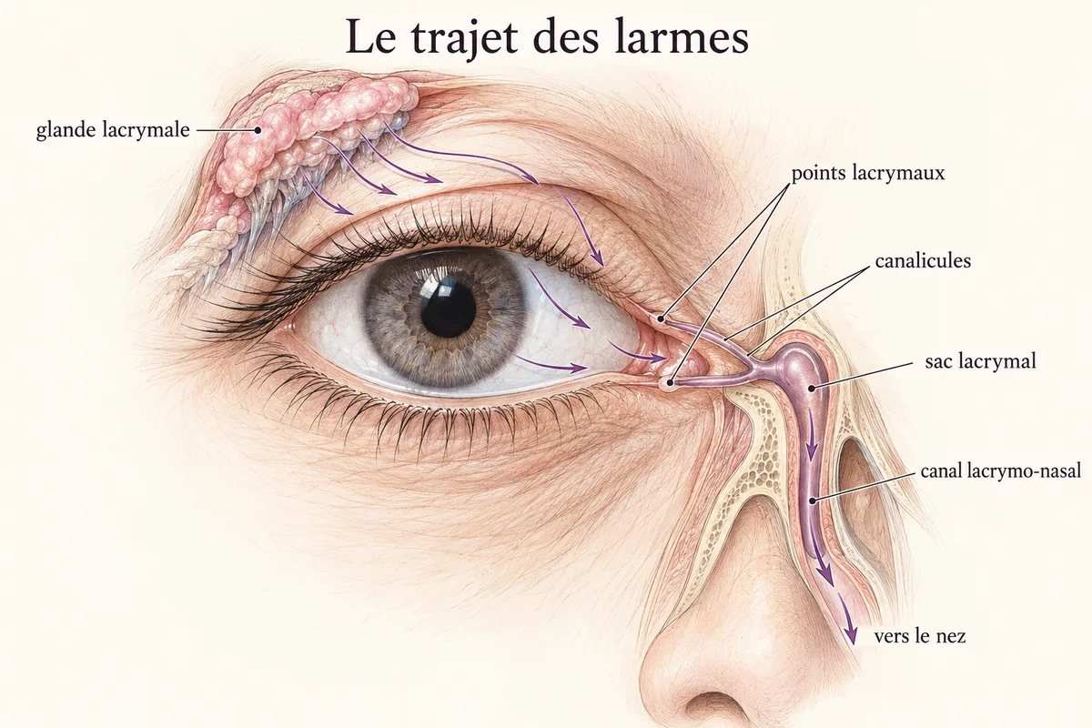 Schéma du trajet des larmes : glande lacrymale, surface de l'œil, points lacrymaux au coin interne des paupières, canalicules, sac lacrymal et canal lacrymo-nasal vers le nez.