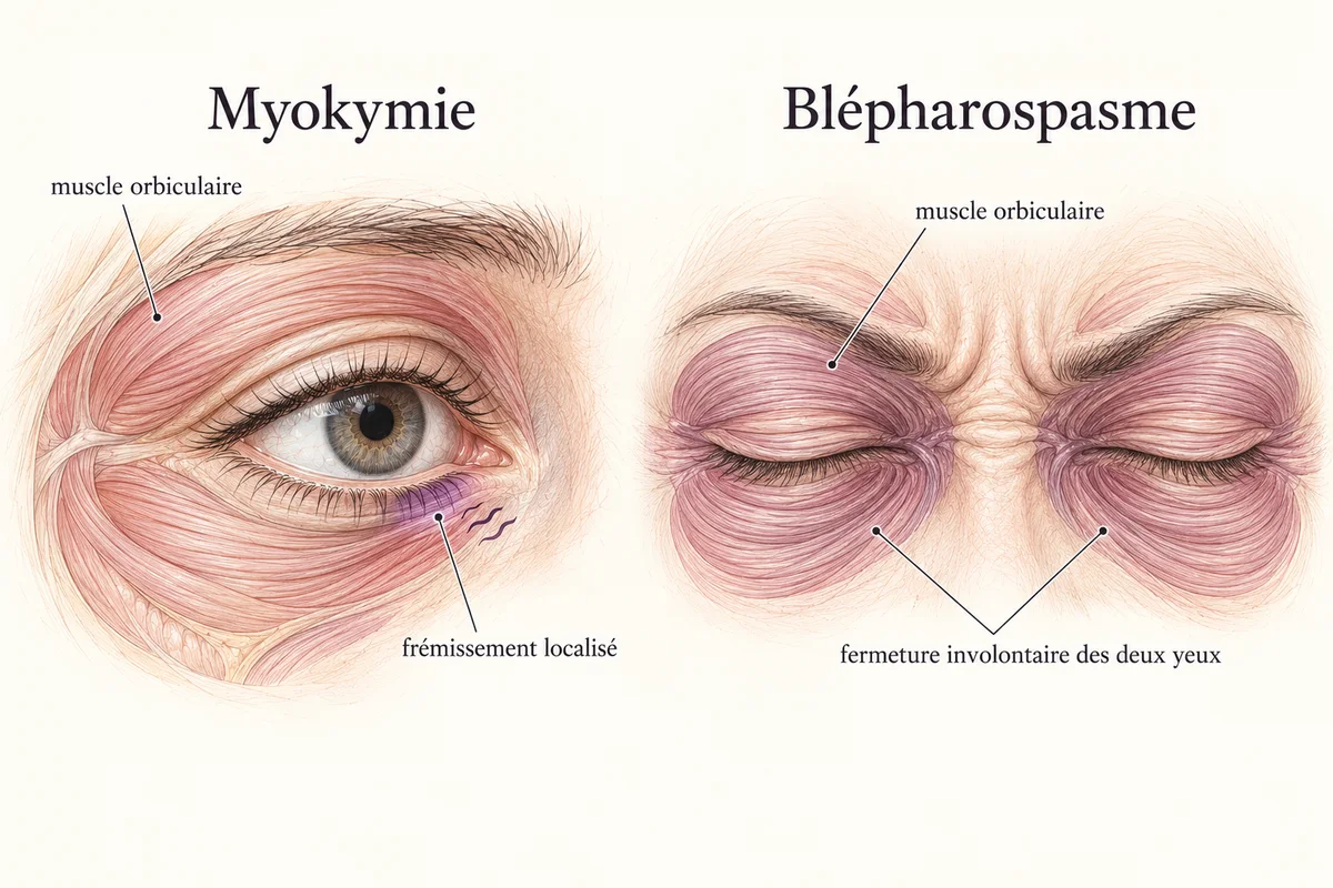 Schéma du muscle orbiculaire autour de l'œil : frémissement localisé de la paupière inférieure dans la myokymie, contraction des deux paupières dans le blépharospasme.