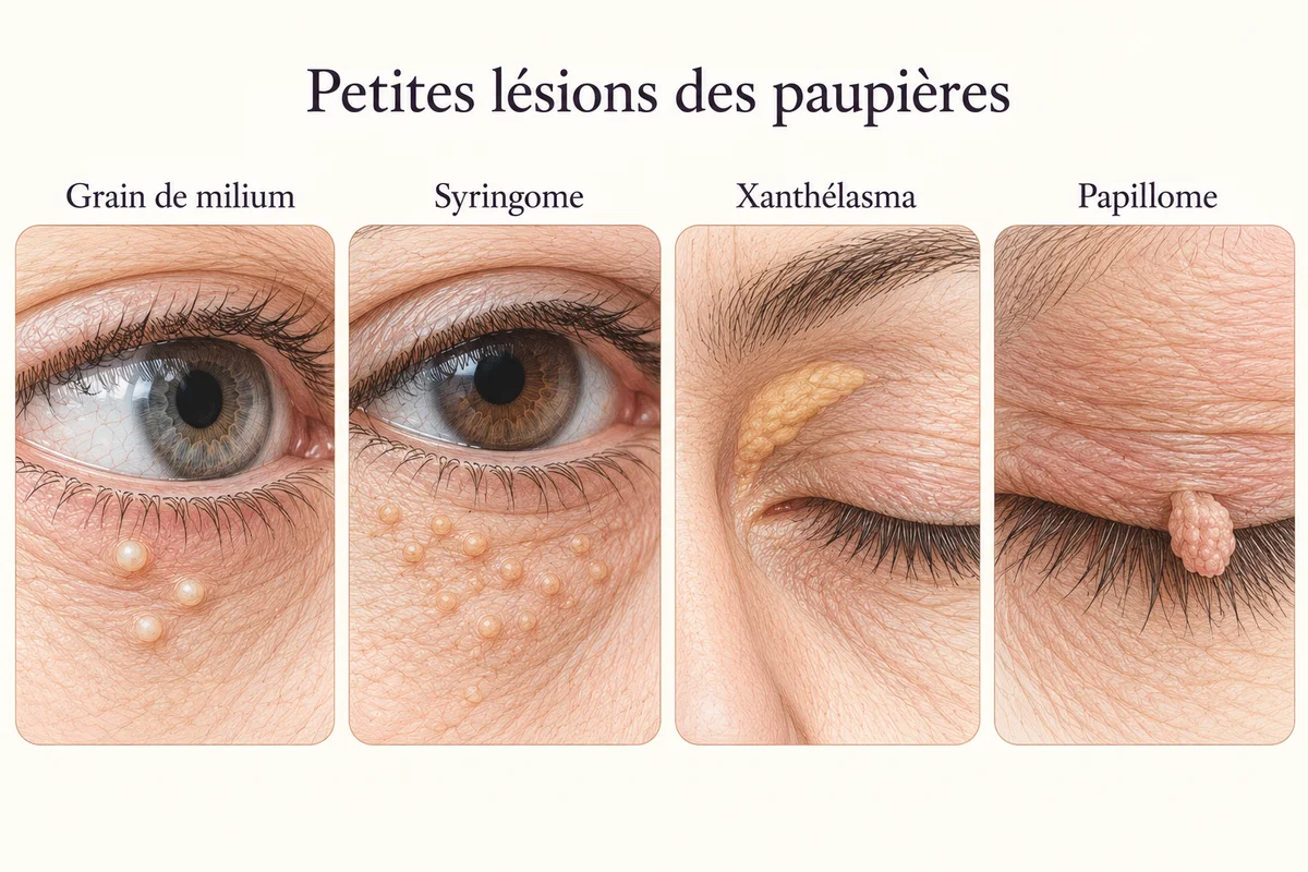 Planche des petites lésions des paupières sur gros plans de peau : grains de milium, syringomes, xanthélasma et papillome.