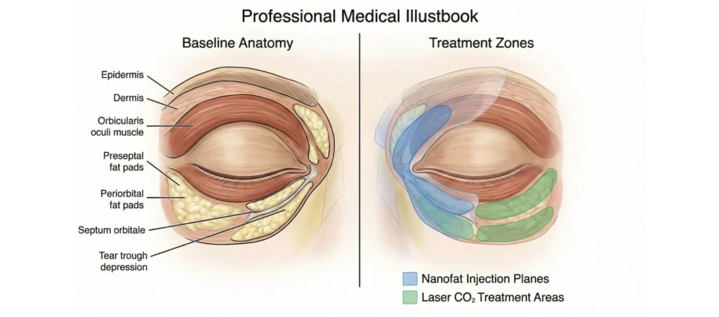 Blépharoplastie hybride laser nanofat : révolution 4D de la chirurgie des paupières – Docteur Bernard Hayot anatomie technique zones injection – Docteur Bernard Hayot