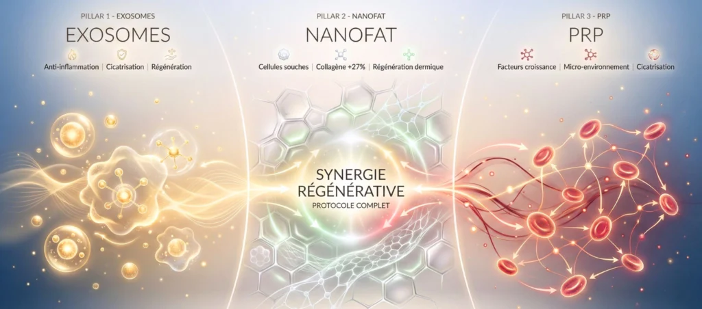 Blépharoplastie Régénérative Paris : Le Protocole Révolutionnaire Exosomes + Nanofat + PRP – Docteur Bernard Hayot protocol 3 piliers abstrait – Docteur Bernard Hayot