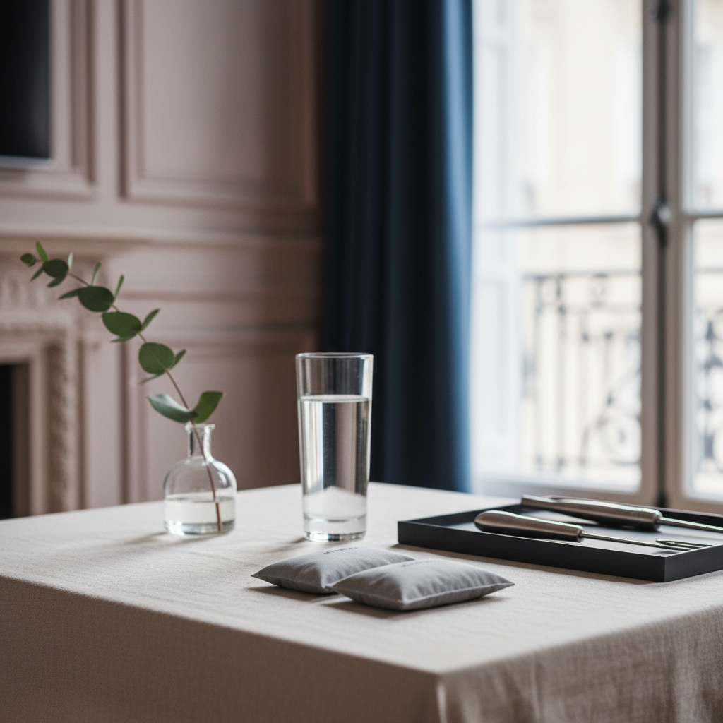 Blépharoplastie jour après jour : récupération J0 à J15 – Docteur Bernard Hayot Coin de cabinet médical parisien épuré avec compresse froide et linge beige, évoquant la récupération apaisée après une blépharoplastie