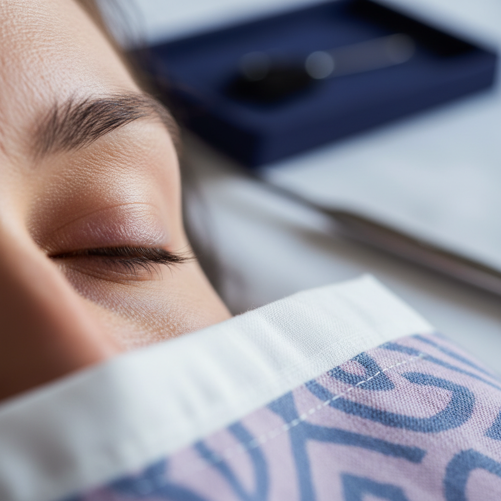 Yeux gonflés au réveil : causes et quand consulter – Docteur Bernard Hayot Regard au réveil en lumière naturelle douce, paupières supérieures légèrement gonflées, cadrage rapproché sans visage entier identifiable