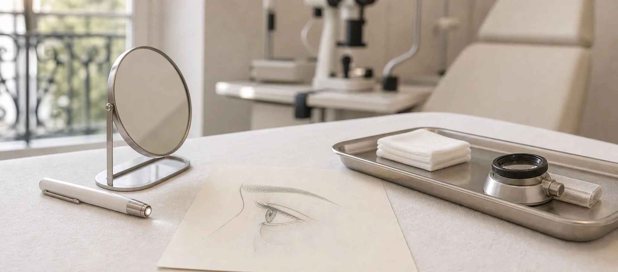 Boule de graisse sous les yeux : identifier la cause – Docteur Bernard Hayot Materiel d examen et dessin du contour de l oeil en cabinet ophtalmologique