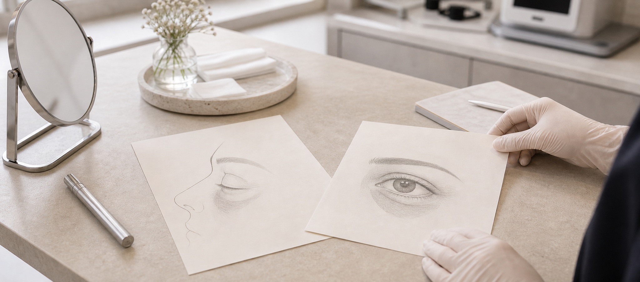 Cernes : causes et corrections par l'oculoplastie – Docteur Bernard Hayot Croquis du cerne et du contour de l oeil pendant une consultation