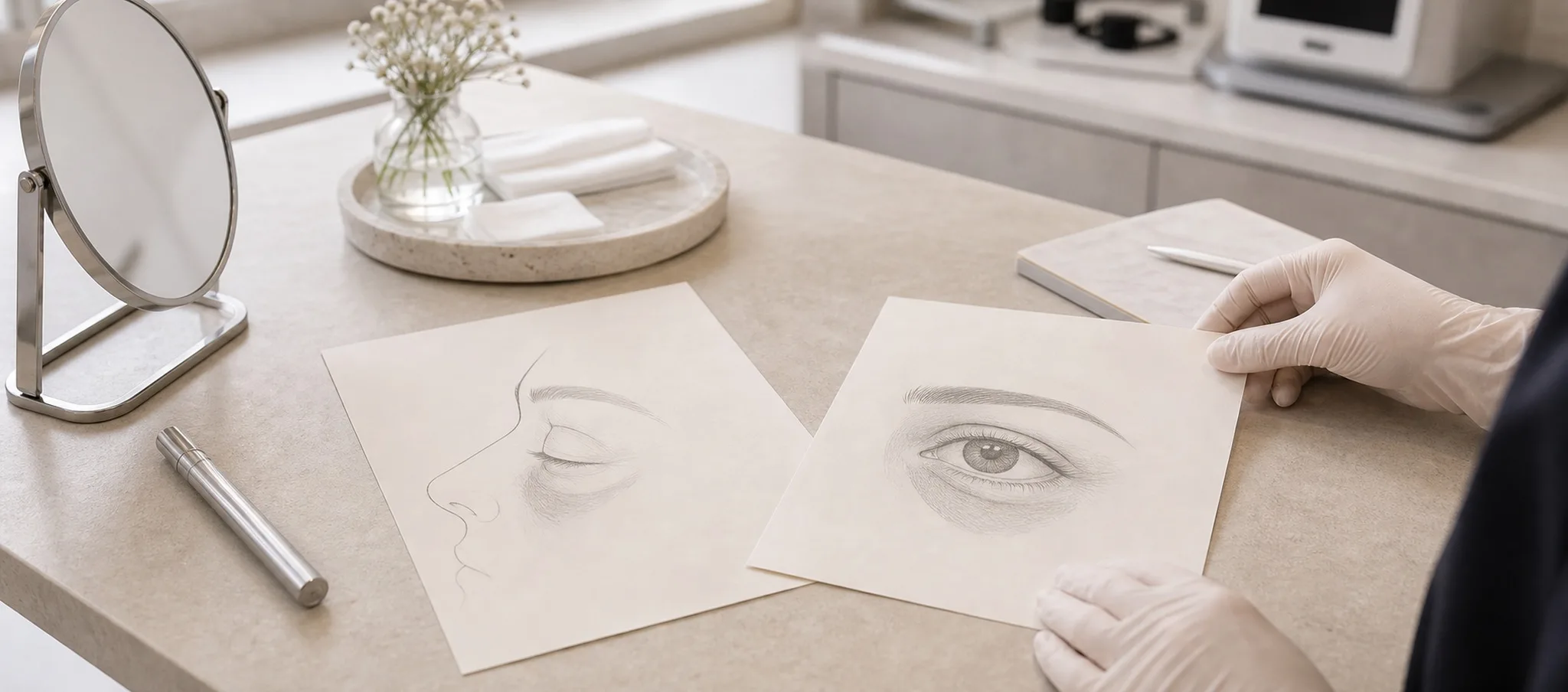 Cernes : causes et corrections par l'oculoplastie – Docteur Bernard Hayot Croquis du cerne et du contour de l oeil pendant une consultation