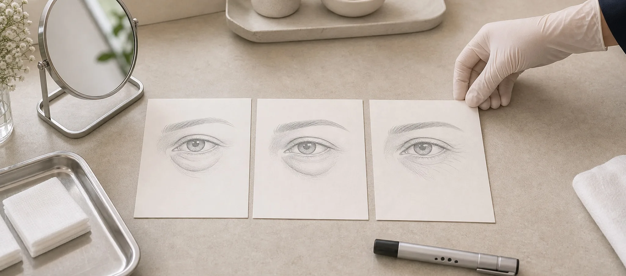 Poches sous les yeux : laser ou blépharoplastie ? – Docteur Bernard Hayot Croquis cliniques distinguant plusieurs origines des poches sous les yeux