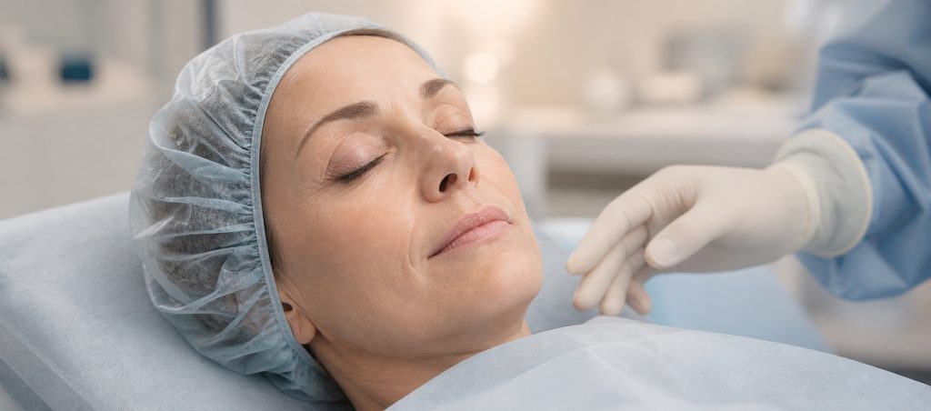 Blépharoplastie : anesthésie locale ou générale ? – Docteur Bernard Hayot Photographie d’une patiente les yeux fermés dans un environnement médical calme avant une chirurgie des paupières