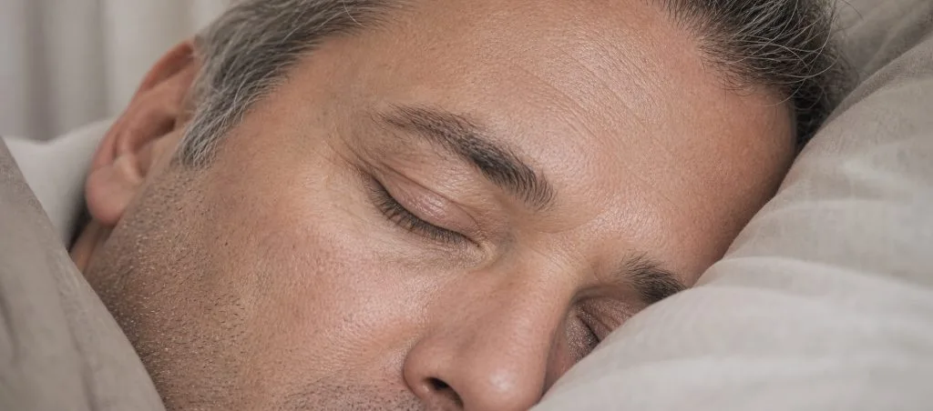 Photographie rapprochée d’un homme dormant sur le côté, la paupière fermée contre l’oreiller