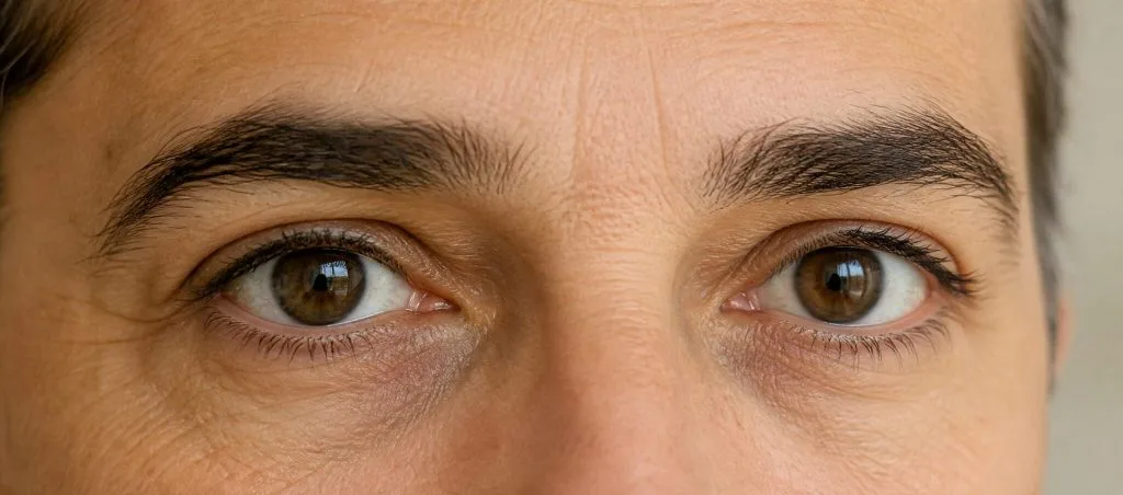 Regard de face montrant le bord des paupières inférieures