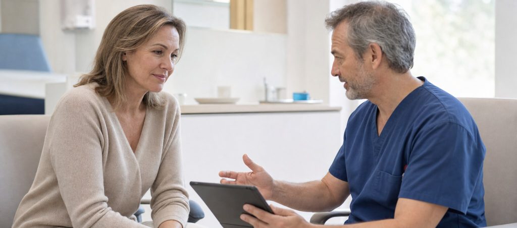 Blépharoplastie : anesthésie locale ou générale ? – Docteur Bernard Hayot Patiente échangeant avec un médecin lors d’une consultation préopératoire avant une blépharoplastie