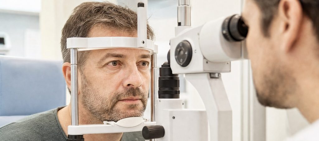 Paupières flasques et yeux rouges au réveil : quel lien avec l’apnée ? – Docteur Bernard Hayot Patient examiné à la lampe à fente par un ophtalmologue après des symptômes oculaires au réveil